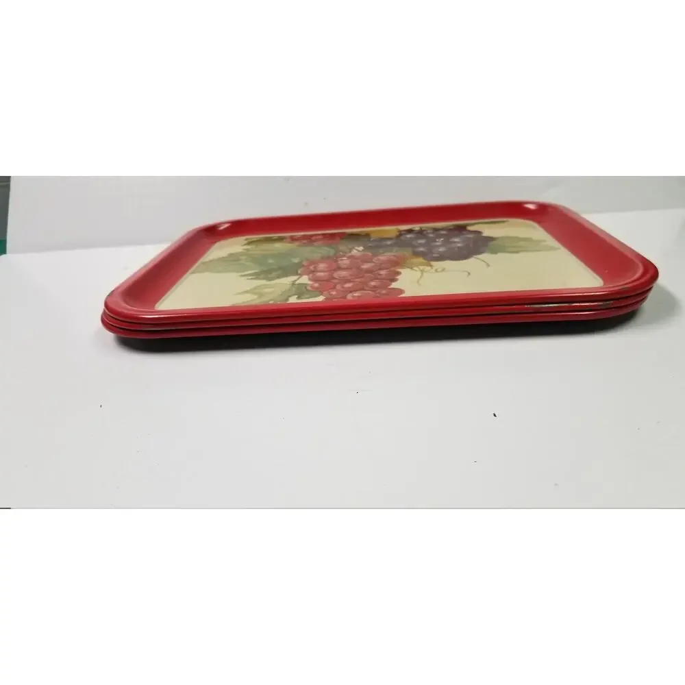 Set of 3 Vintage 1960s Metal TV Lap Trays Red Border Grape Vineyard Cottagecore